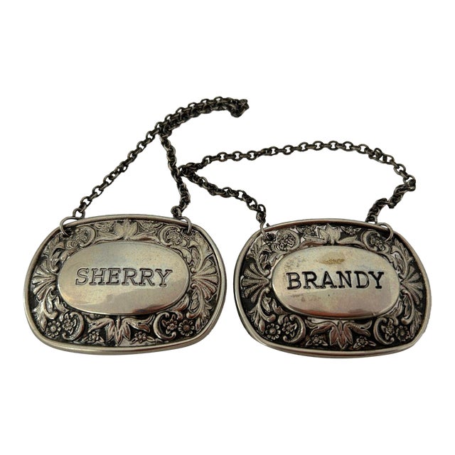 Vintage Ianthe Silver Plated "Sherry & Brandy Decanter Labels/Tags Sheffield Made in England S/2 For Sale
