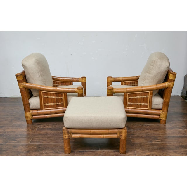 Midcentury Bamboo Lounge Chairs with Ottoman, Rattan Accents, and Linen Fabric For Sale In Atlanta - Image 6 of 12