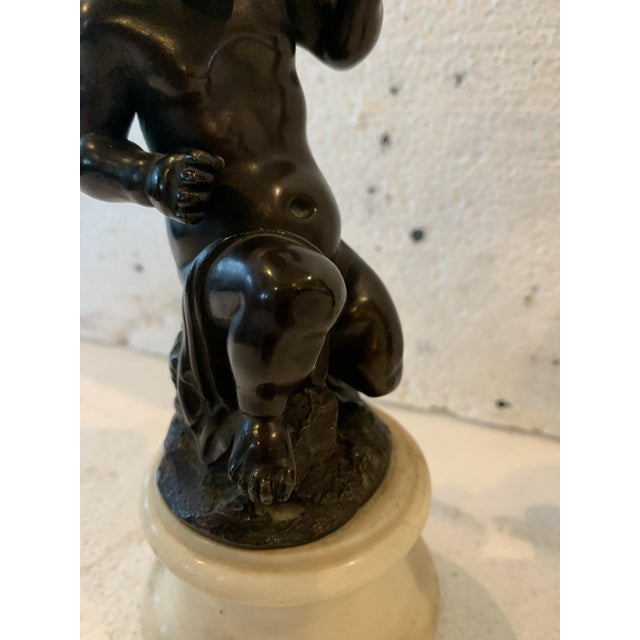Bronze Putti with Brown Patina on a White Marble Base, 20th Century, Set of 2 For Sale - Image 10 of 17