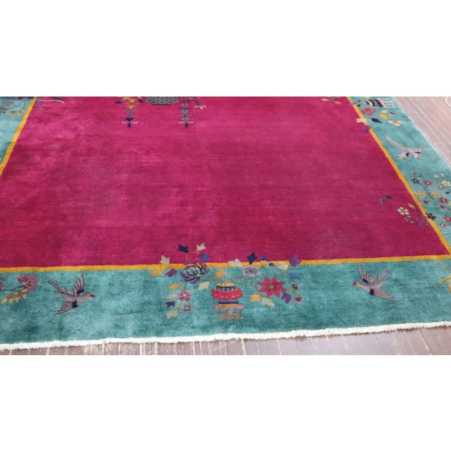 Red Antique Art Deco Chinese Carpet, the Watch Bird, 8'8" X 11'4" For Sale - Image 8 of 11