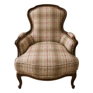 Vintage French Style Plaid Bergère Chair For Sale