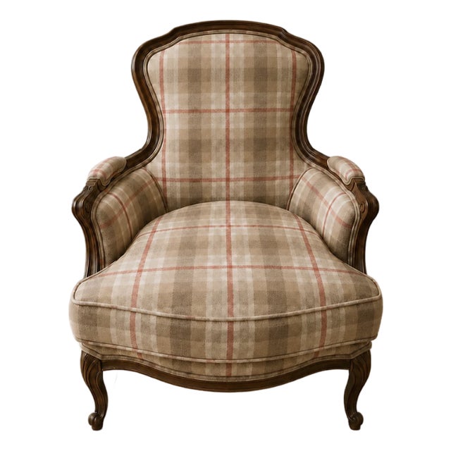 Vintage French Style Plaid Bergère Chair For Sale