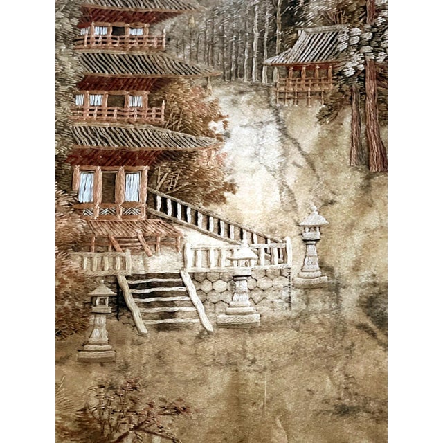 Metal Early 20th Century Japanese Embroidery Textile Pagoda Scenery Panel For Sale - Image 7 of 13