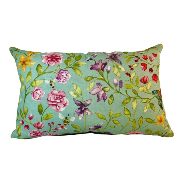 Large Bolster Pillow With a Vibrant Vintage Inspired Floral Pattern With Colorful Flowers, Butterflies & Bees on a Pale Blue Background - Made in U K For Sale