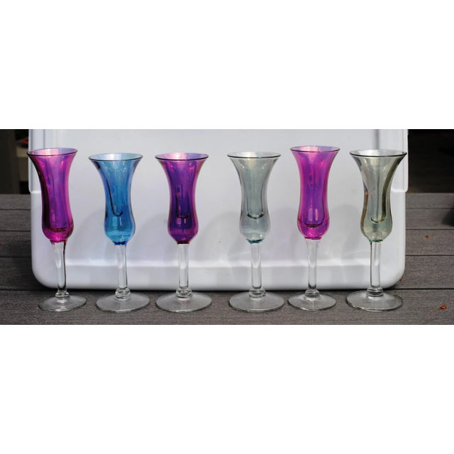 Hollywood Regency Vintage Colored Stemmed Cordials - Hand Blown Tulip Shaped - Set of 6 For Sale - Image 3 of 3