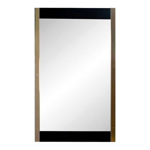 Late 20th Century Modern to Art Deco Revival Wall Mirror Black & Brass Rectangular Frame For Sale