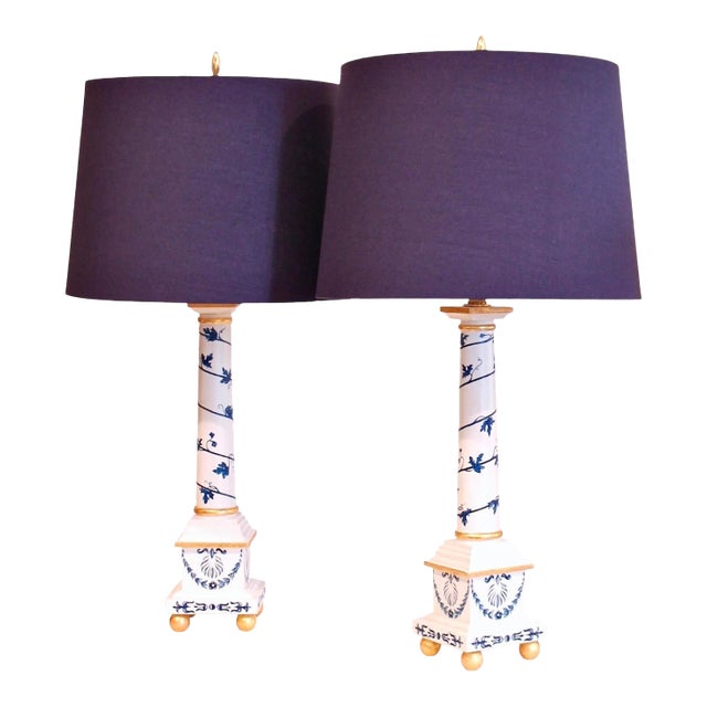 Pair of Neoclassical Painted Lamps, Cream With Blue Designs For Sale