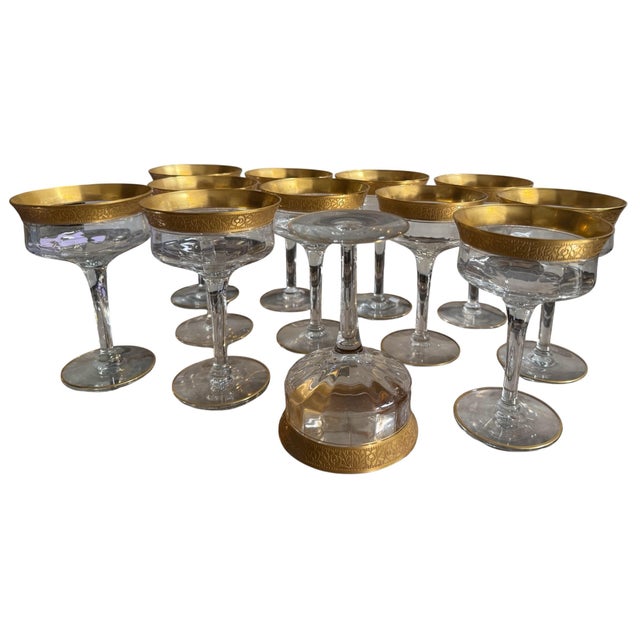 Set of 12 Art Deco Gold Encrusted Rim Crystal Wine Stem Champagne Coupes.