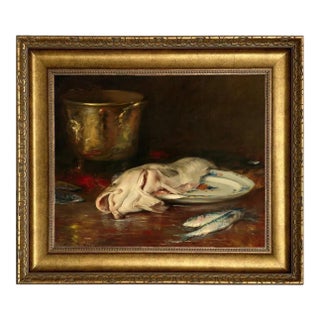 English Cod Still Life Print on Canvas in Wide Antiqued Gold Frame, 16x20" Print, 22x26" Framed For Sale