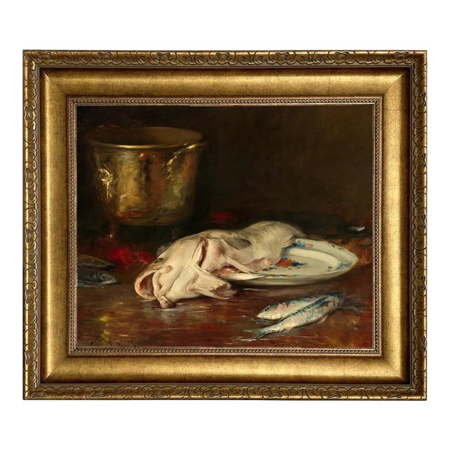 English Cod Still Life Print on Canvas in Wide Antiqued Gold Frame, 16x20" Print, 22x26" Framed For Sale