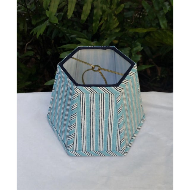 Fitting and Finish Clip on, no recess. Brass finish. Shape Hexagon frame lampshade. Fabric and Trim Medium weight cotton...