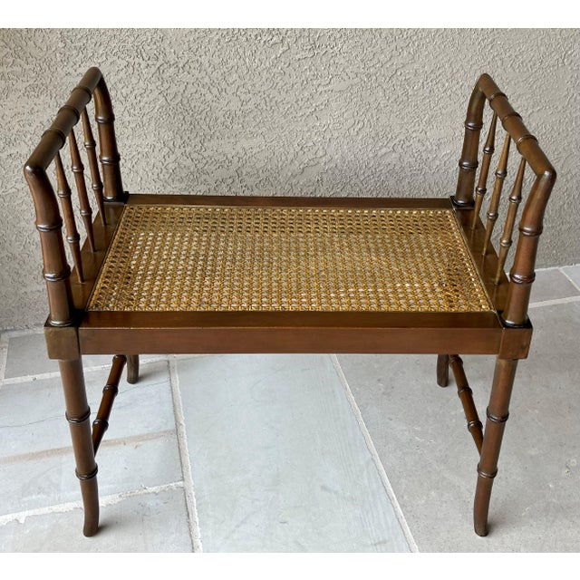 Baker Furniture Circa 1970 Diminutive Chinese Chippendale Faux Bamboo & Cane Window / Entryway Bench For Sale - Image 12 of 12