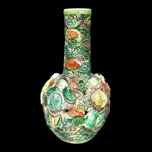 Asian Chinese Qing Dynasty Famille Rose Reticulated Porcelain Vase Eight Immortals Fencai Antique Bottle Vase For Sale - Image 3 of 9