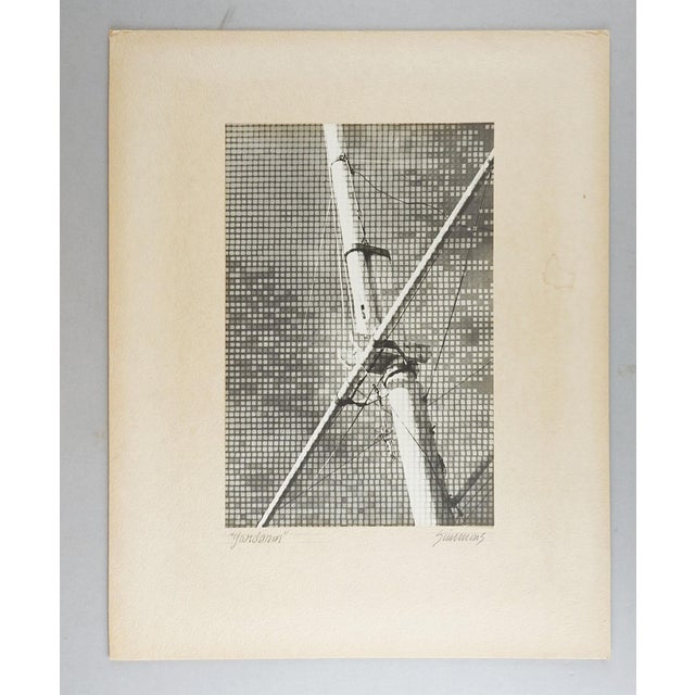 Mid 20th century black and white silver albumen photo of ships yardarm or mast with an abstract grid overlay. Signed...