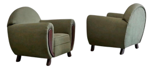 Large Art Deco Lounge Chairs in Oak and Green Velvet, 1930s, Set of 2
