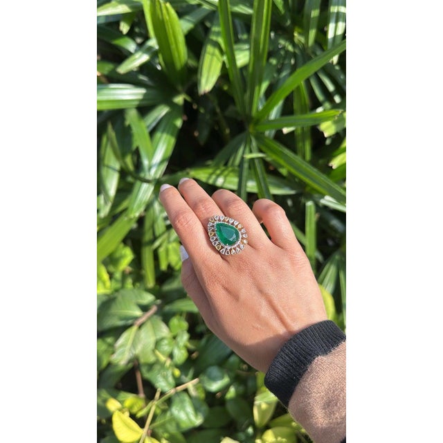 Emerald Set in 18k Gold, 10.40 Carats Zambian Emerald & Rose Cut Diamond Engagement Ring, Size 6 For Sale - Image 8 of 10