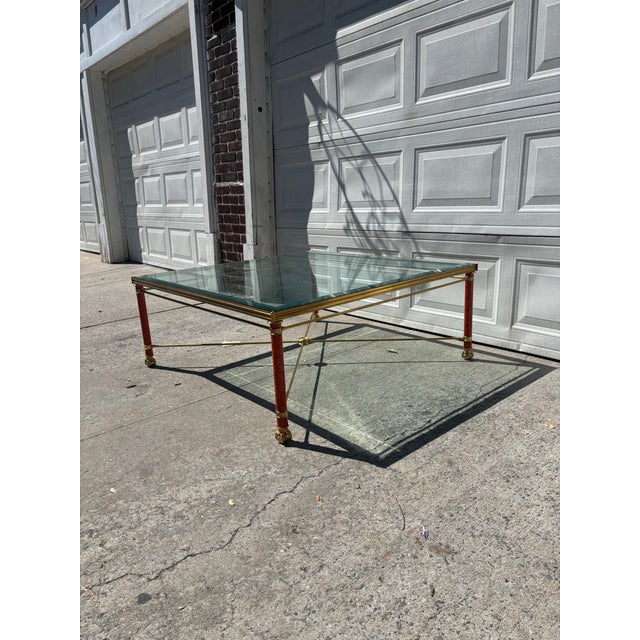 Ornamental & Decorative Materials Mid 20th Century Hollywood Regency Neoclassical Brass & Faux Tortoise Bamboo Coffee Table With Glass Top For Sale - Image 7 of 12