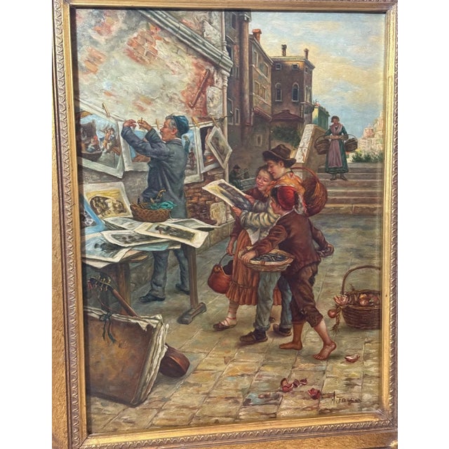 Vintage a Tucker Venetian Street Artist Selling Art Realism Oil Painting on Wood For Sale In New York - Image 6 of 14