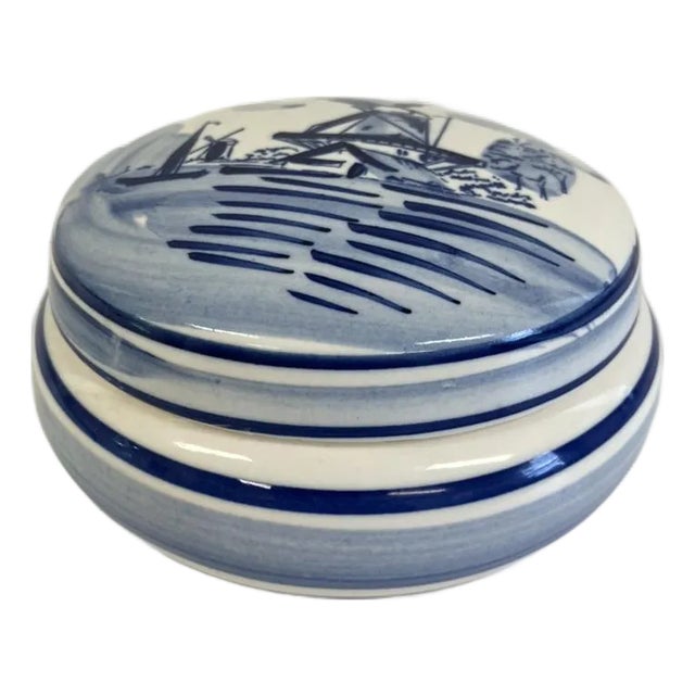 Vintage Blue & White Delft-Style Ceramic Lidded Trinket Box, 1950s–1970s For Sale