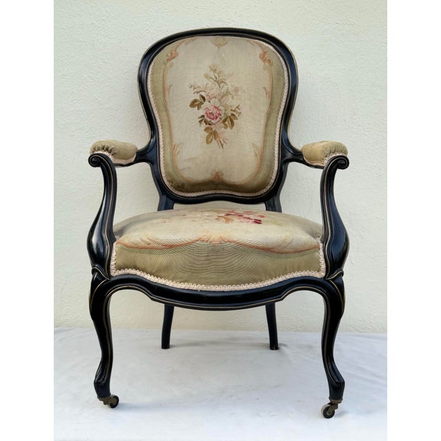Pair of Antique 19th Century Ebonized French Fauteuils W/Original Needlepoint Upholstery For Sale - Image 4 of 11