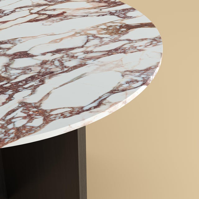 Contemporary Round Dining Table in White Arabescato Vagli Marble and Smoked Oak by Lebanto For Sale - Image 3 of 4