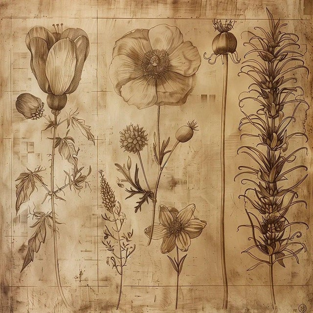 Paper Set of 6 - 54" X 36" Gallery Wall Installation 'Monochrome Sepia Flowers' Herbarium Botanical Floral Prints, Unframed For Sale - Image 7 of 8
