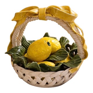 Vintage Italian Majolica Ceramic Lemon Basket With Bow & Woven Handle For Sale
