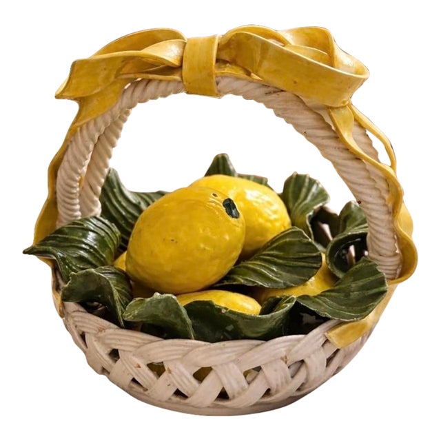 Vintage Italian Majolica Ceramic Lemon Basket With Bow & Woven Handle For Sale