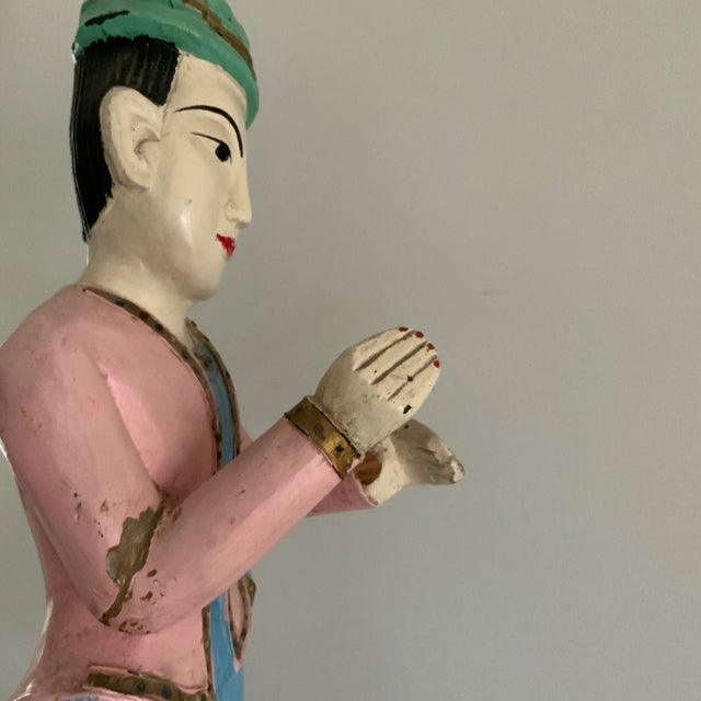 Mid 20th Century Vintage Thai Carved Wooden Musician Sculptures With Jeweled Robes- Set of 2 For Sale - Image 5 of 13