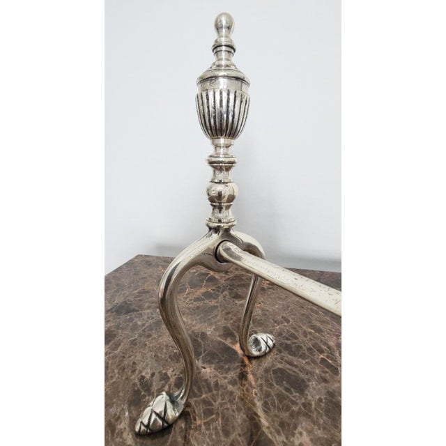 Metal Pair of Brass Fireplace Andiron Set in Silver Antique Finish For Sale - Image 7 of 7