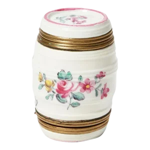Ormolu Mounted Mennecy Double Snuff Box in the Form of a Barrel, Circa 1740
