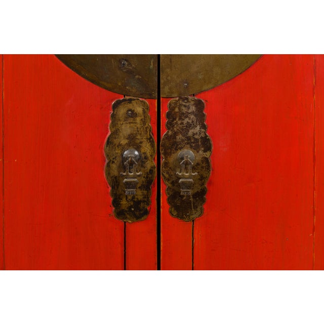 Chinese Qing Dynasty 19th Century Red Lacquered Wedding Cabinet with Carving For Sale - Image 12 of 13