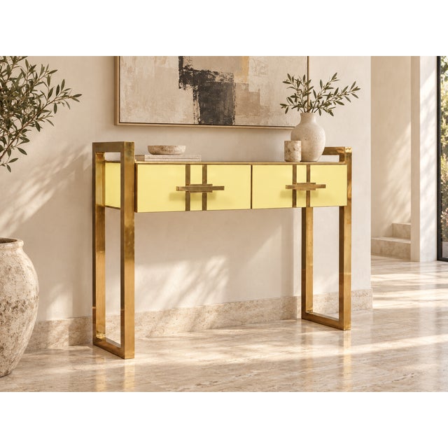 Metal Italian Console Table in Butter Yellow Murano Glass and Brass from Justfurnituress SRL For Sale - Image 7 of 10