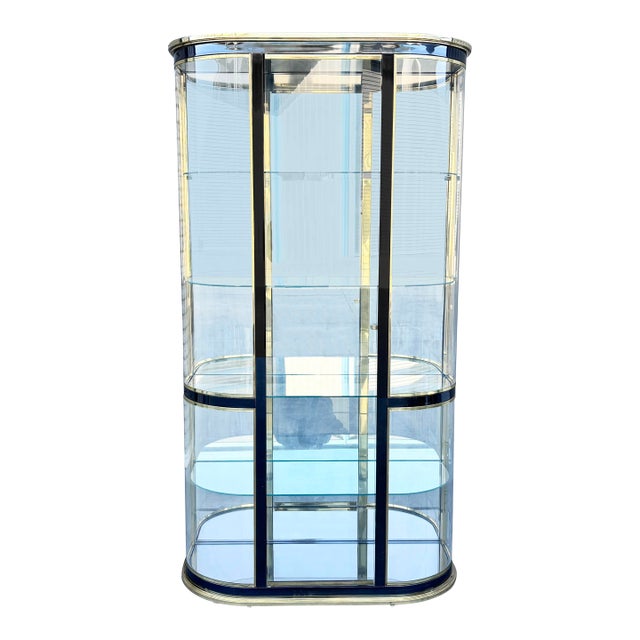 1970s Vintage Brass & Gunmetal Curved Display Cabinet Styled After Mastercraft For Sale