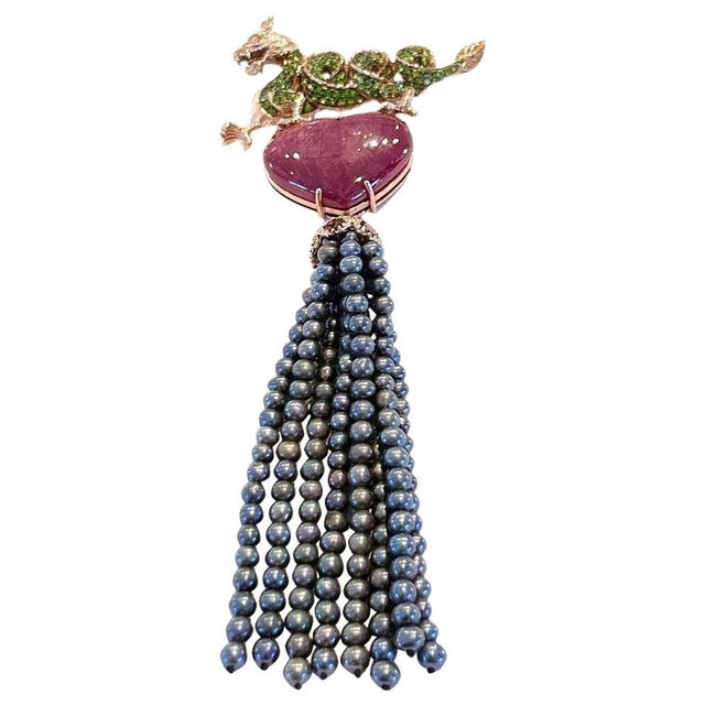 2020s Bochic “Orient” Ruby & Black Pearl Brooch Set In 18K Gold & Silver For Sale - Image 5 of 12