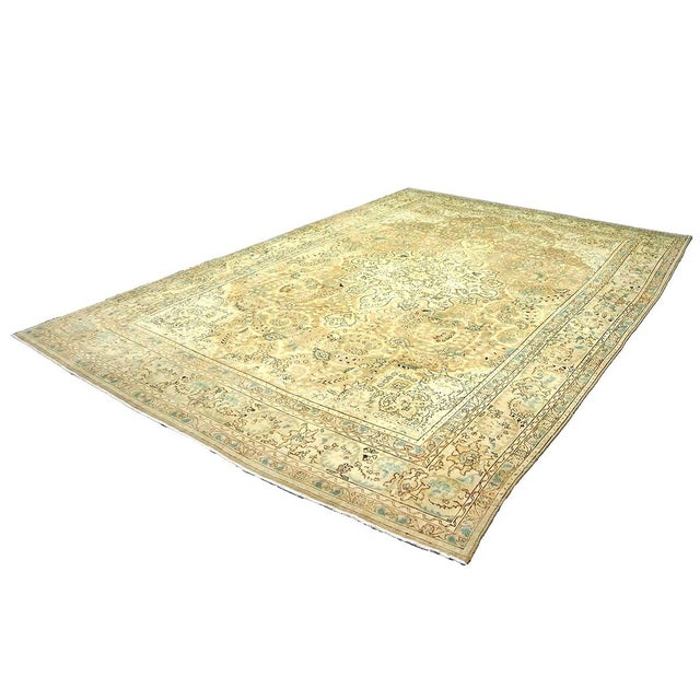 Persian Antique Persian Tabriz Wool 8x11 Tan, Ivory, Black & Blue Handmade Area Rug #1142595 For Sale - Image 3 of 7