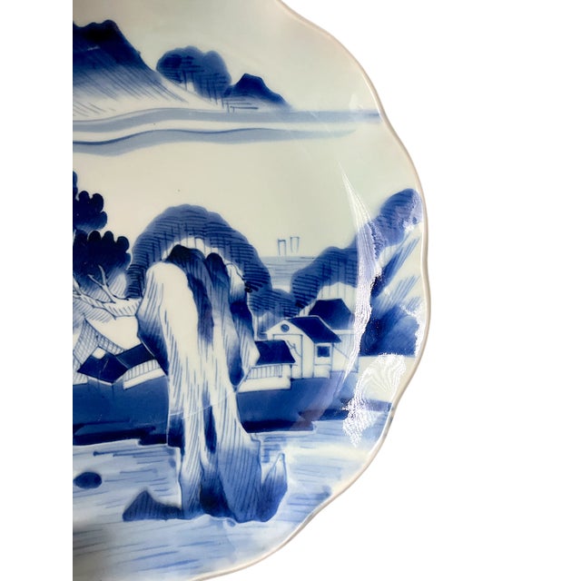 Chinoiserie Mid 20th Century Japanese Arita Blue & White Landscape Plate, 12” Diameter — Ming Dynasty Style For Sale - Image 3 of 9