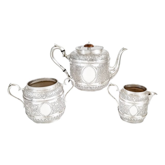 19th Century English Aesthetic Silver Plated Tea Set, 1880s, Set of 3 For Sale