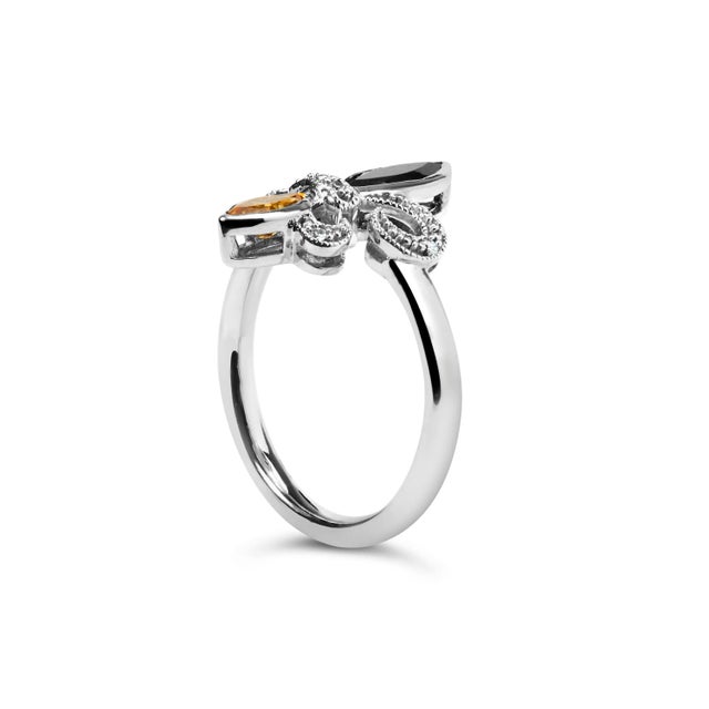 .925 Sterling Silver Black Onyx and Yellow Citrine Marquise and Diamond Accent Fleur De Lis Ring (H-I Color, SI1-SI2 Clarity) - Size 8 For Sale - Image 4 of 7