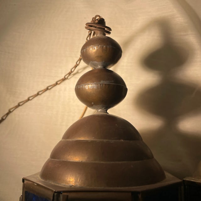 1940s Vintage Stained Glass and Brass Church Pendant Light Fixtures a Pair For Sale In Chicago - Image 6 of 12