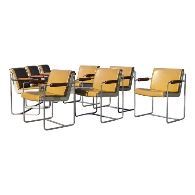 Set of Eight MCM Walnut, Chrome & Pleather Armchairs, Afka by Krueger, 1970s For Sale