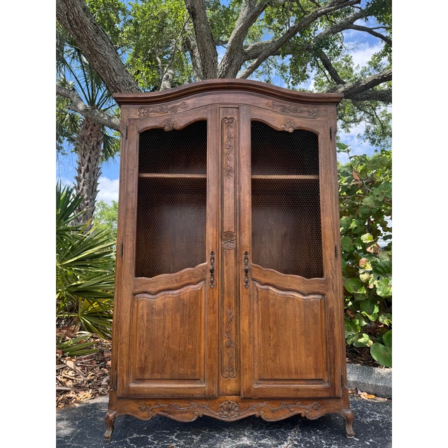 Vintage French Provincial Carved Wood Armoire With Chicken Wire Doors For Sale - Image 4 of 9