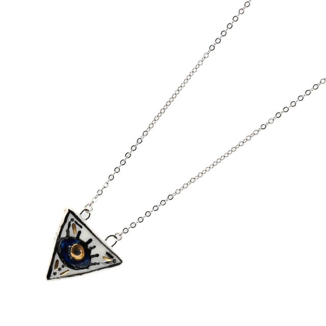 Metal Talisman Evil Eye Hand Painted Silver Charm Necklace For Sale - Image 7 of 11