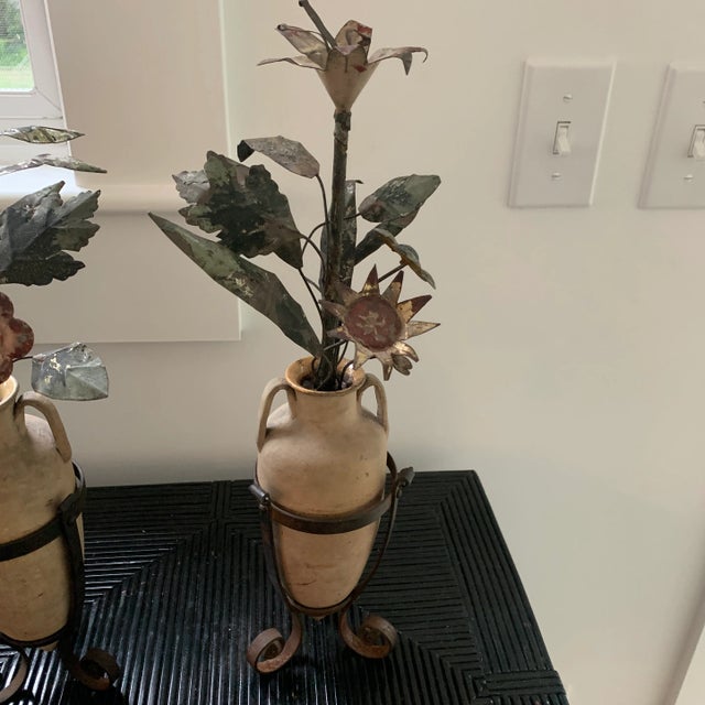 French Antique French Tole Flowers in Pottery Urns- Pair For Sale - Image 3 of 9