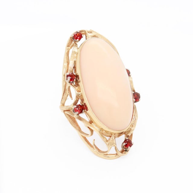 Large 1970s Sculptural 14k Gold, Coral, & Garnet Gemstone Cocktail Ring For Sale - Image 10 of 13