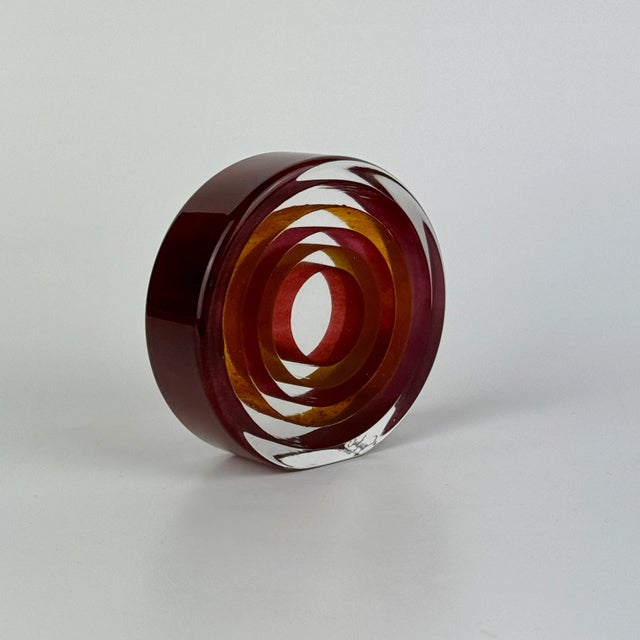 1980s Signed Vintage Modern Round Around Art Glass Sculpture With Layered Ribbons of Deep Orange & Purple For Sale In New York - Image 6 of 10