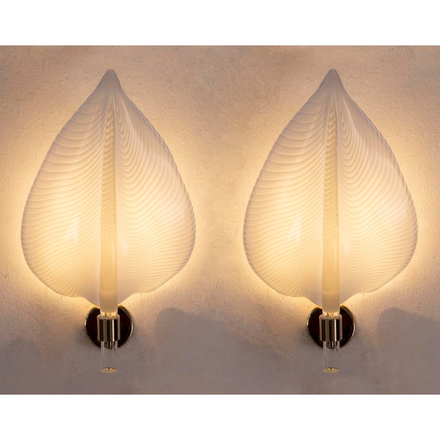 Set of 2 white murano glass leaves wall lamps in the style of franco luce for seguso, handmade artistic appliques, made in...