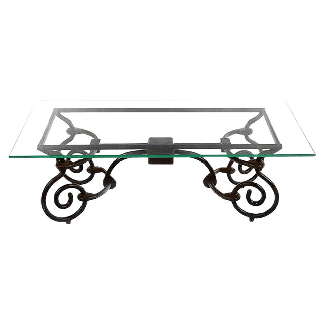 Vintage Iron Coffee Table with Glass Top For Sale
