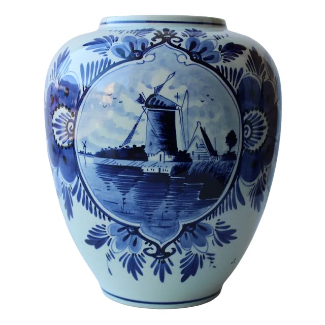 Blue Porcelain Vase with Windmill and Flowers from Delft, Holland For Sale