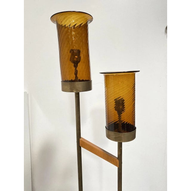 Asymmetric Mid-Century Brass Torchiere Floor Lamp With Wood Base Smoked Swirl Glass Shades For Sale - Image 4 of 7